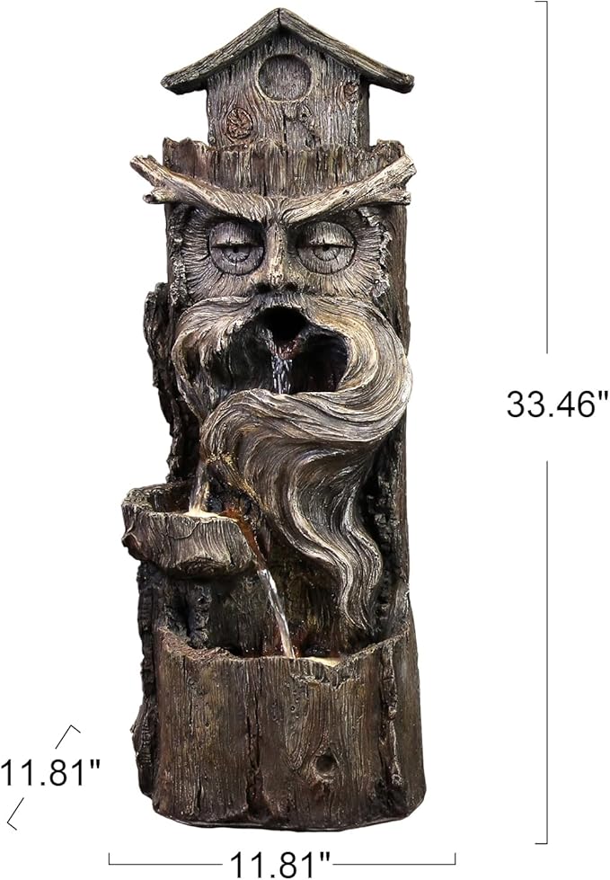 YZM Outdoor Floor Cascading Waterfall Tree Trunk Water Fountains Patio Porch Backyard Garden Fountain with LED Lights Pump 3 Tiers Water Feature 33.46 Inch Height