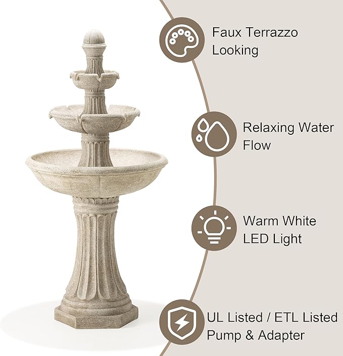 Glitzhome Water Fountain Outdoor Floor-Stand Fountains with LED Light & Pump, Oversized 3 Tier Terrazzo Waterfalls Patio Fountain and Waterfalls Outdoor Yard Fountains for Lawn Garden Backyard Deck