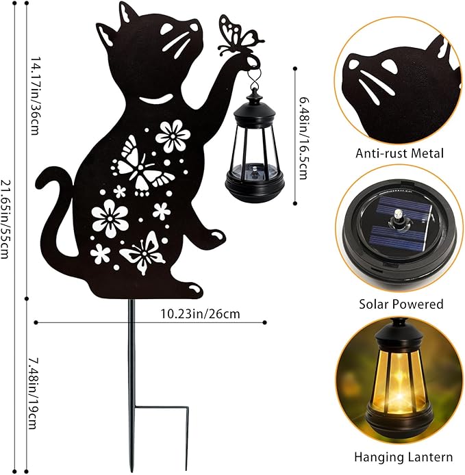 Cat Solar Lights Outdoor, 2 Pack Black Cat Hanging Lantern Waterproof, Cat Lover Gifts for Women Mom Birthday Mother's Day, Metal Garden Statue Yard Decor Patio Pathway Backyard Lawn Ornaments