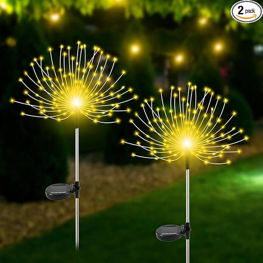 Solar Garden Lights Outdoor Waterproof, 2 Pack 120 LED Solar Firework Lights Decorative Garden D??cor Outside for Flowerbed Pathway Party Christmas Decoration, Warm White
