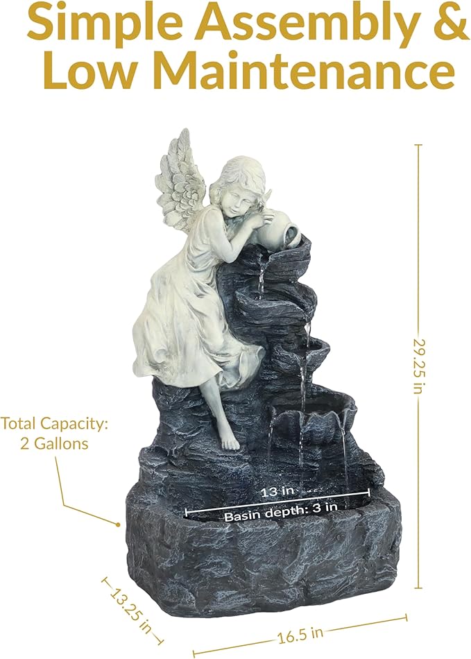Sunnydaze Angel Falls 29-Inch Outdoor Solar Water Fountain - Outdoor Water Feature with LED Light for Garden, Patio, Yard or Balcony