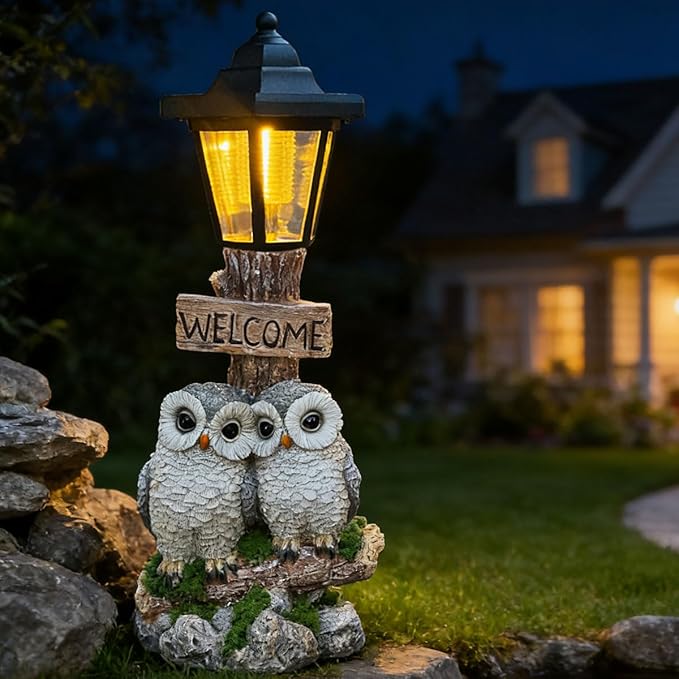 Outdoor Garden Owl Statue with Solar Lights, Owl Figure with Welcoming Sign,for Outdoor Landscapes, Courtyards, Paths,Outside Patio Lawn Decor，Gifts for Women, Owl Lovers