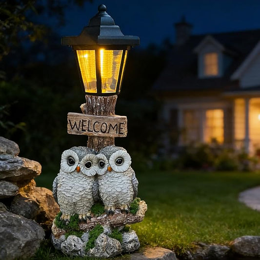 Outdoor Garden Owl Statue with Solar Lights, Owl Figure with Welcoming Sign,for Outdoor Landscapes, Courtyards, Paths,Outside Patio Lawn Decor，Gifts for Women, Owl Lovers