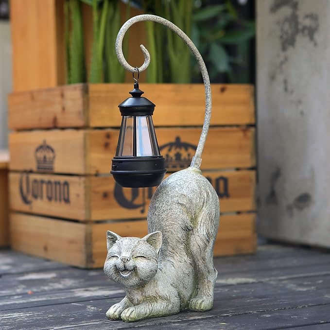 Laughing Cat Figurine with Solar-Powered LED Light, 15.7 Inches Tall Marble, Perfect for Gift Garden Decor or Housewarming for Cat Lovers.