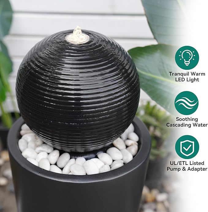 30" H Ceramic Sphere Water Fountain with LED Light, Modern Minimalist Design, Black Glaze with White Pebbles, Soothing Trickling Water Feature, Adding Artistic Charm & Tranquil Ambiance