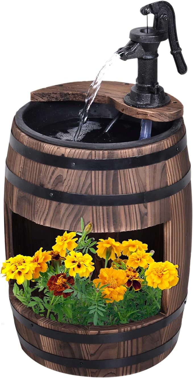 Outsunny 23" H Outdoor Water Fountain Wood and Plastic Rustic Apple Barrel Pump Garden Decor for Outside Backyard