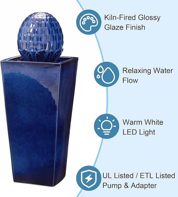 Glitzhome Water Fountain Outdoor with LED Light, Oversized Ceramic Pedestal Garden Fountains Outdoor, Artichoke Outdoor Fountains and Waterfalls Water Feature, Cobalt Blue, 35.75" H
