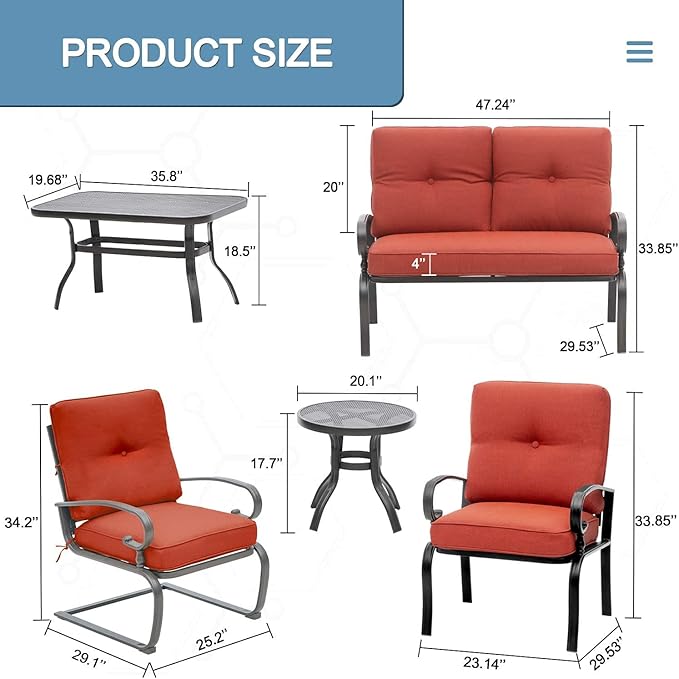 SOLAURA Outdoor Metal Furniture Sets 7-Piece Patio Conversation Set (2 Spring Chairs, 2 Patio Chairs, Loveseat with Coffee Table and Side Table), Red
