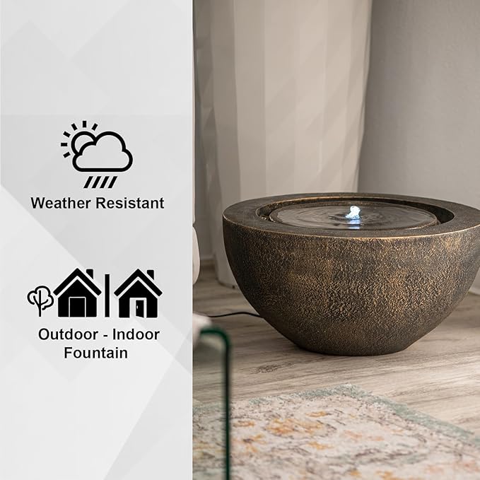 XBrand 19.8" W Round Sphere Water Fountain Indoor Outdoor with LED Light, Polyresin Bubbler Feature for Patio Garden Yard Home Décor, Bronze