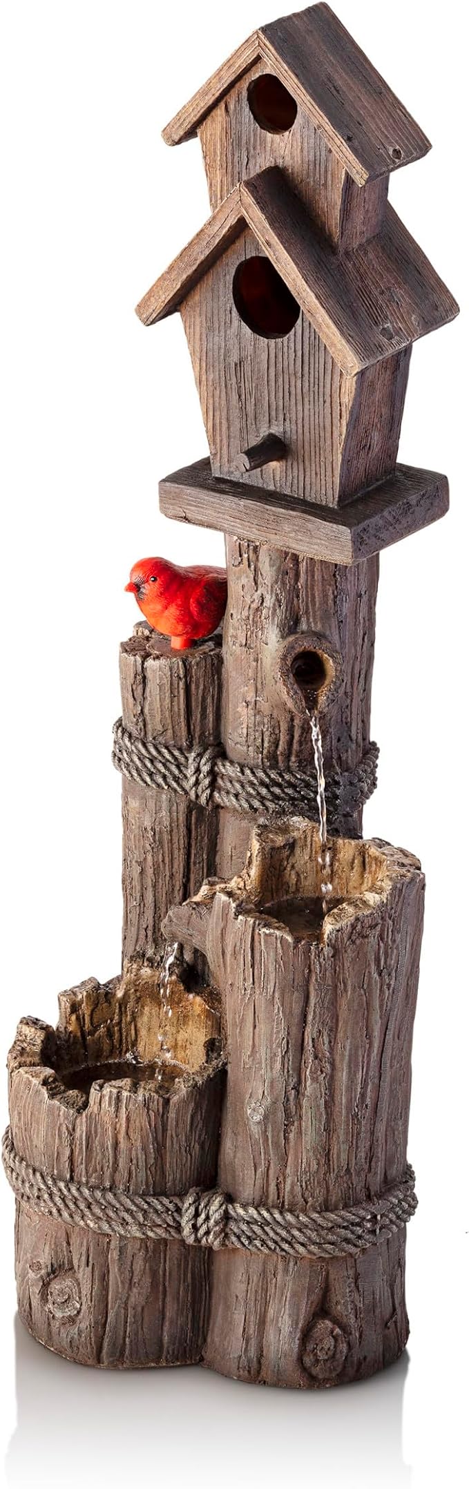 Alpine Corporation 35" Tall Outdoor 3-Tier Birdhouse Water Fountain with Cardinal Accent, Rustic Floor Decor for Garden and Patio, Brown