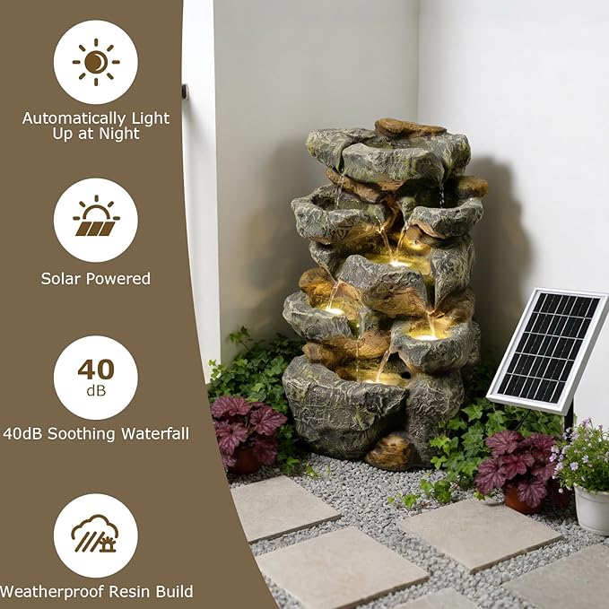 Solar Water Fountain Outdoor Garden,5 Tiered Cascading Rock Solar Powered Water Fountain Water Fall Fountains Outside with Lights for Backyard, Patio, Deck, Porch, 19.3" H x 12.2" L x 9.5" W