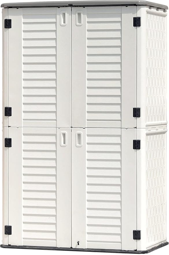 KINYING Outdoor Storage Shed Waterproof, Resin Vertical Storage Cabinet Double-Layered, Versatile to Store Patio Furniture, Garden Tools, Pool Accessories,Mower (66 Cu.ft,White) by KINYING