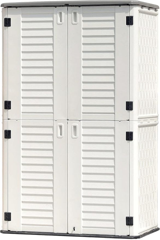 KINYING Outdoor Storage Shed Waterproof, Resin Vertical Storage Cabinet Double-Layered, Versatile to Store Patio Furniture, Garden Tools, Pool Accessories,Mower (66 Cu.ft,White) by KINYING