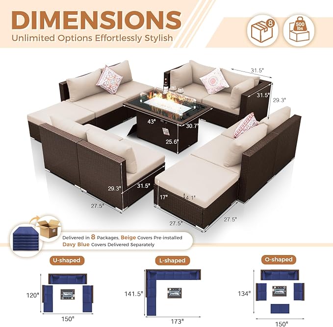BULEXYARD 11 Piece High Back Outdoor Furniture Set with Firepit, Gorgeous Patio Conversation Set with Ottoman Modular, Large 10-Seats Sectional Couch Sofa for Garden, Brown Rattan & Navy Blue Cushion