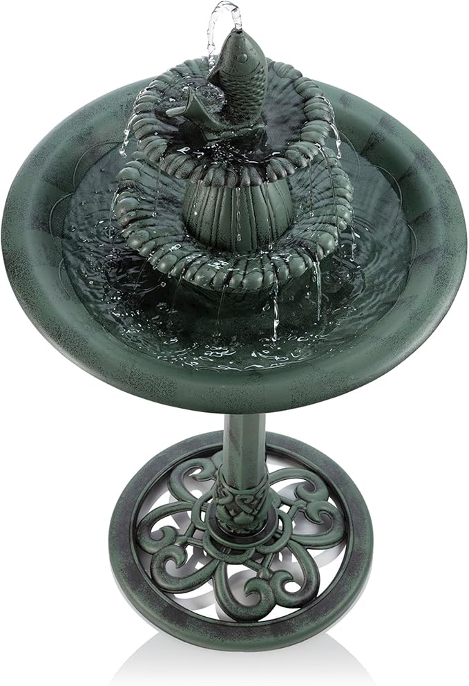 Alpine Corporation 40" Tall Outdoor 3 Tier Pedestal Water Fountain with Vintage Birdbath Accent, Garden Decor, Green