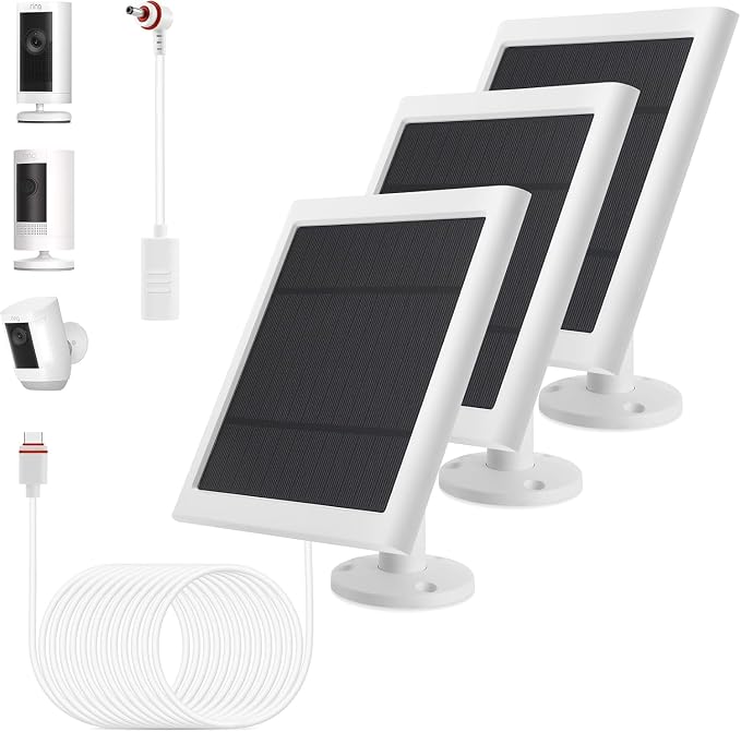 Solar Panel Outdoor for Ring Cameras (White 3P) Spotlight Cam Plus/Pro(Battery) Stick Up Cam/Pro Wireless Outdoor with 10FT/3M Long Cable Dustproof Waterproof by Fehuatenda
