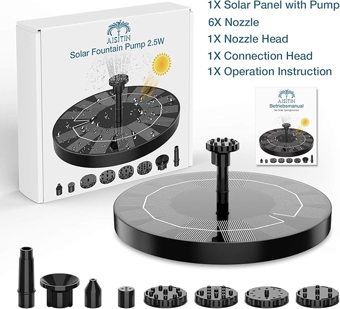 AISITIN Solar Fountain Pump 2.5W, 6.7" Solar Powered Water Fountain Pump for Bird Bath, solar pump for fountain with 6 Nozzles for Garden, Ponds, Pool, Fish Tank, Outdoor and Aquarium