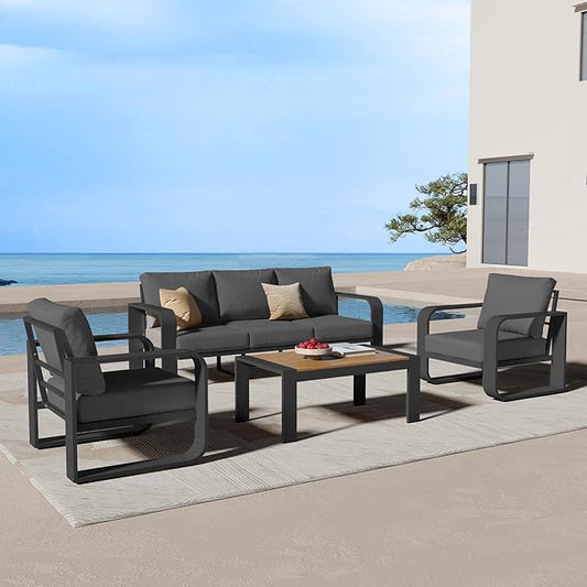 Aluminum Outdoor Patio Furniture Set, 4 Piece Oversized Patio Conversation Sets Widened Armrest & Ultra-Thick Cushions, Heavy Duty Modern Sectional Furniture for Backyard, Porch, Graphite