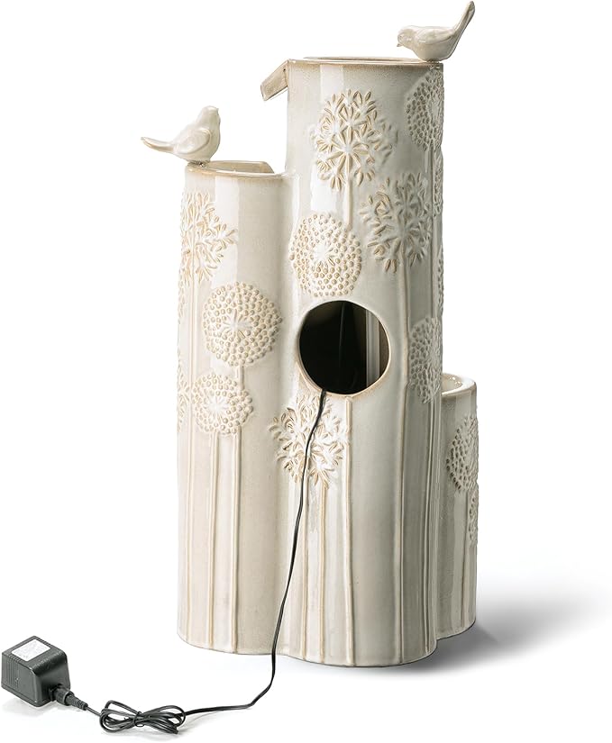 Glitzhome Water Fountain Outdoor with LED Lights, 4-Tier Vase Shaped Ceramic Outdoor Fountain, Dandelion Glaze Water Fountains Feature for Garden Backyard Patio, Sand Beige, 31.7”H