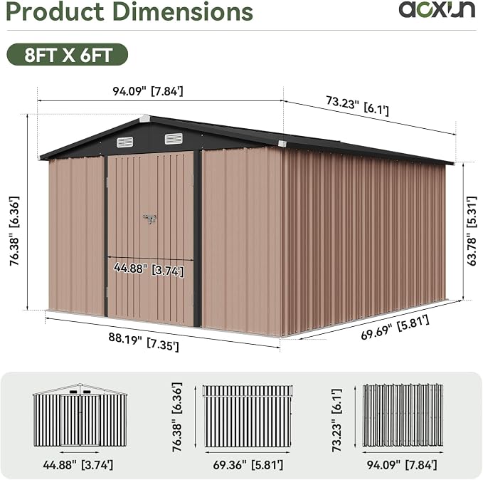 Aoxun 6' x 8' Storage Shed Outdoor Steel Garden Utility Cabinet with Lockable Door Waterproof & Rust-Proof for Yard, Patio, Backyard, Garden (Brown) - Image 2
