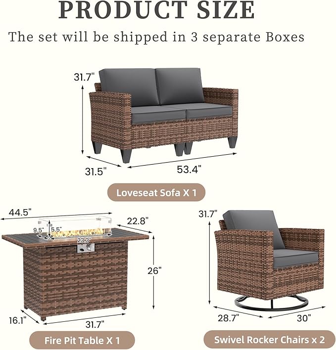 UDPATIO 5 Pieces Patio Furniture Set with Fire Pit Table, Outdoor Furniture Set with Rocking Swivel Chairs, Wicker Patio Set with Waterproof Cover, 4'' Thickened Cushion, Grey