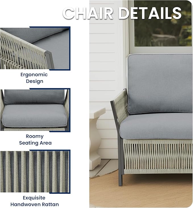 Wicker Outdoor Furniture Set, 8 Piece Patio Conversation Sets, Comfort Swivel Rocker Glider Patio Chairs Set of 4 with Ottoman and Rattan Sofa (Grey)