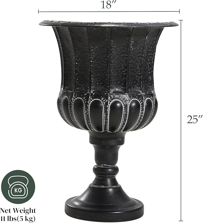 Worth Garden 25" H. Metal Urn Planters 2-Pack - Black Traditional Classic Iron Plant Pots - Large Decorative Rustic Flower Container for Patio, Front Porch, Outdoor Use