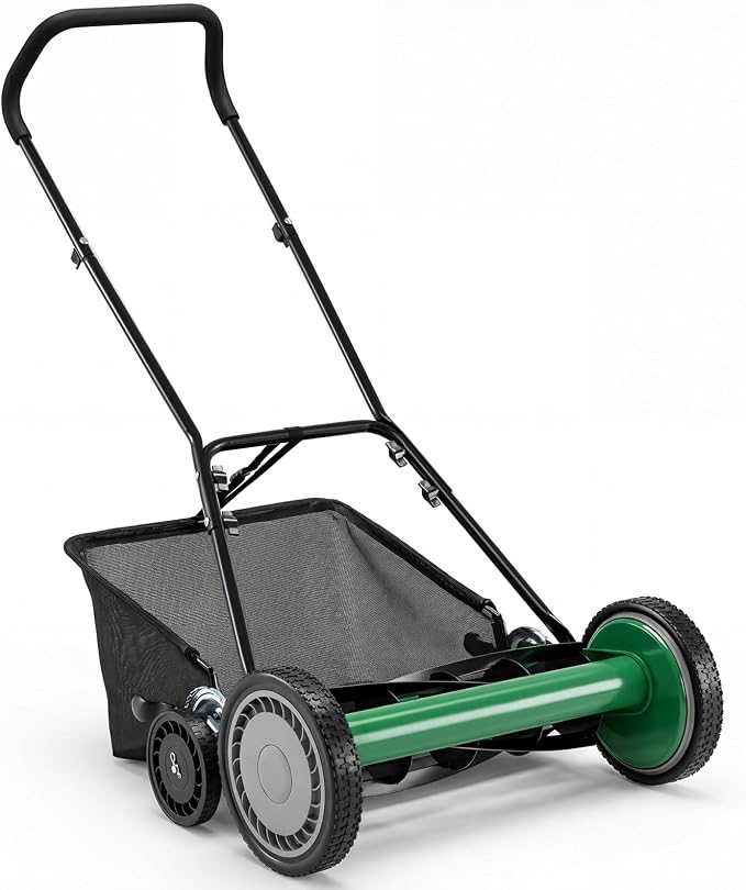 IRONMAX 18 Inch 5-Blade Push Reel Lawn Mower, 9-Level Adjustable Cutting Heights, Removable Grass Catcher, Lightweight No Motor Walk-Behind Manual Grass Cutter for Garden Yard Park (Green, 18 Inch) by IRONMAX