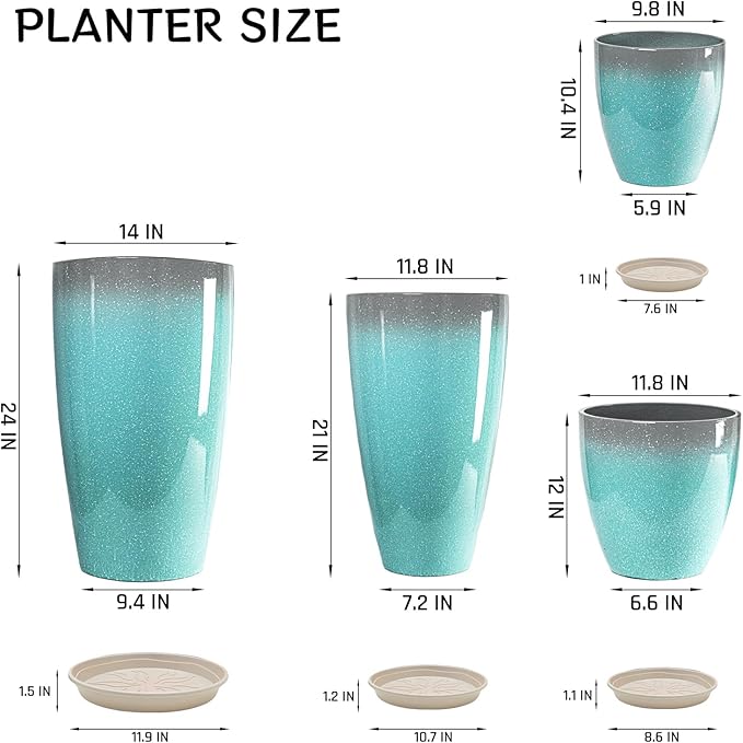 ZMTECH 24/21/12/10" H Large Plastic Planters with Drainage Hole and Saucer -Set of 4 Tall Lightweight Flower Pot for Front Porch Patio Deck,Sky Blue with White Spots