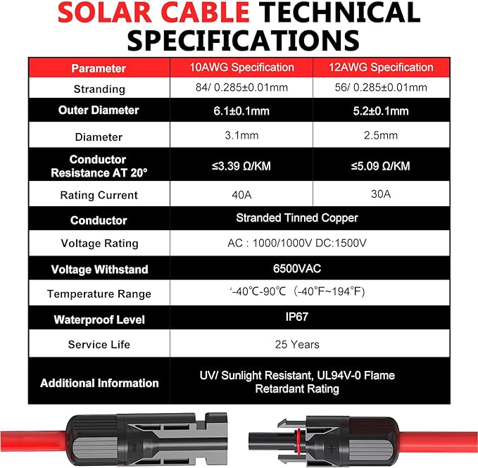 Vansdon 2x60 Feet Solar Panel Extension Cable, 10AWG Solar Cable, Solar Panel Cable with Female and Male Waterproof Connectors for RV, Photovoltaic Systems (60FT Red + 60FT Black) - Image 5