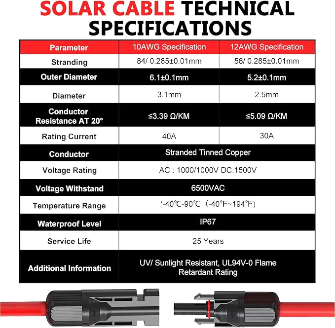 Vansdon 2x70 Feet Solar Panel Extension Cable, 10AWG Solar Cable, Solar Panel Cable with Female and Male Waterproof Connectors for RV, Photovoltaic Systems (70FT Red + 70FT Black) - Image 4