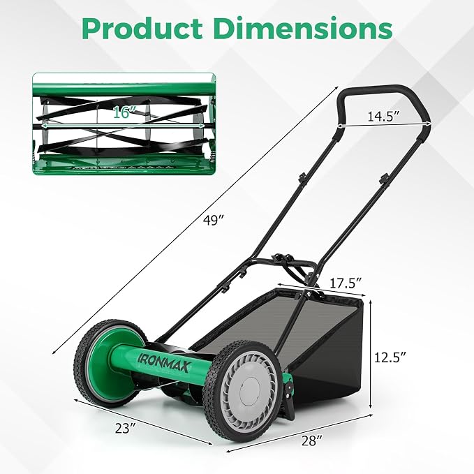 IRONMAX Lawn Mower, 16 Inch Push Reel Lawn Mower with 5 Steel Blades, Adjustable Cutting Heights, Grass Catcher Bag, Walk-Behind Manual Lawnmower for Garden Park Yard, No Motor (Green, 16 Inch) - Image 3
