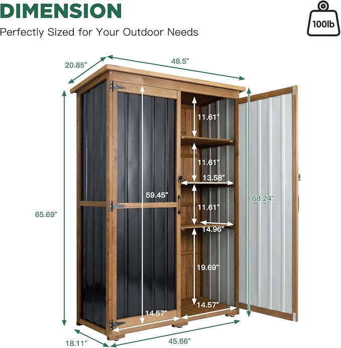 Outdoor Storage Cabinet Waterproof with Shelves, Outdoor Storage Shed Garage Cabinet Weatherproof, Wood & Metal Outside Patio Backyard Garden Pool Storage Tool Organizer - Image 3