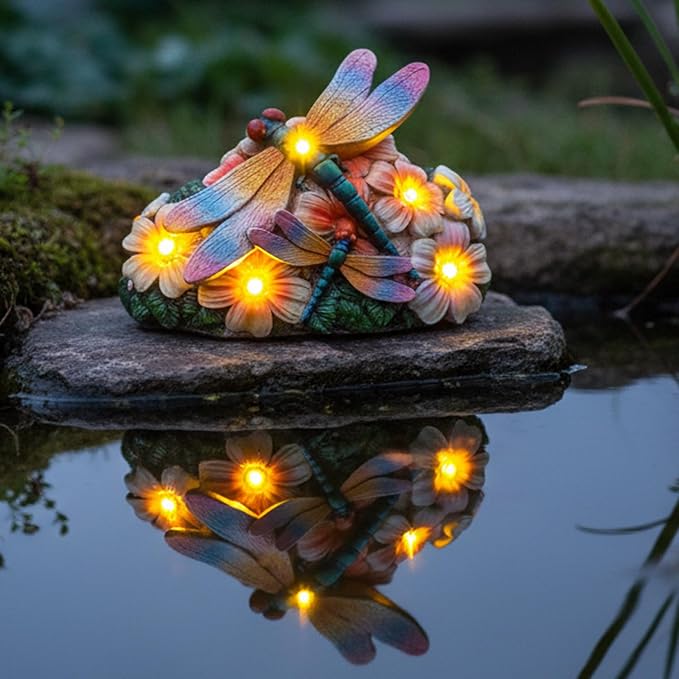 Dragonfly Solar Garden Statues Outdoor Decor5.5"-Waterproof Resin Yard Art with 5 LED Lights,Gradient Wings Figurine for Patio Lawn Porch,Unique Gardening Gifts for Women Mom Grandma Housewarming