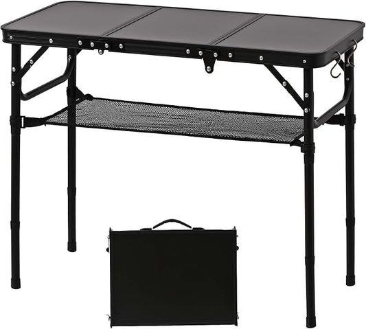 YihuiKo Folding Picnic Table with Storage Net, Matte Black Aluminum Folding Table 35" x 16", Adjustable Height Max 27.5", Lightweight Portable for Camping Travel Grill Indoor by YihuiKo