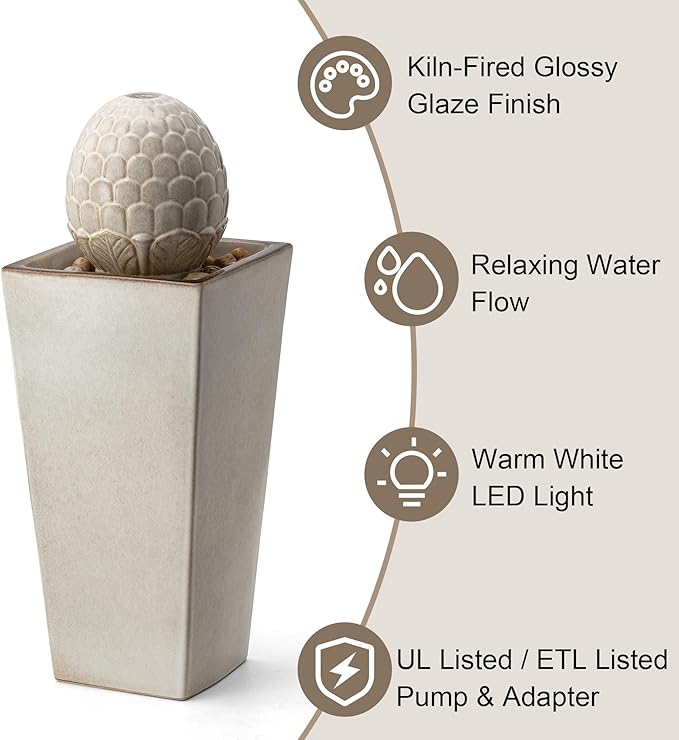 Glitzhome Ceramic Outdoor Water Fountain with LED Light, Oversized Artichoke Pedestal Water Fountains with Submersible Pump, Patio Fountain Waterfall for Garden Patio Deck Porch, Sand Beige, 35.75" H