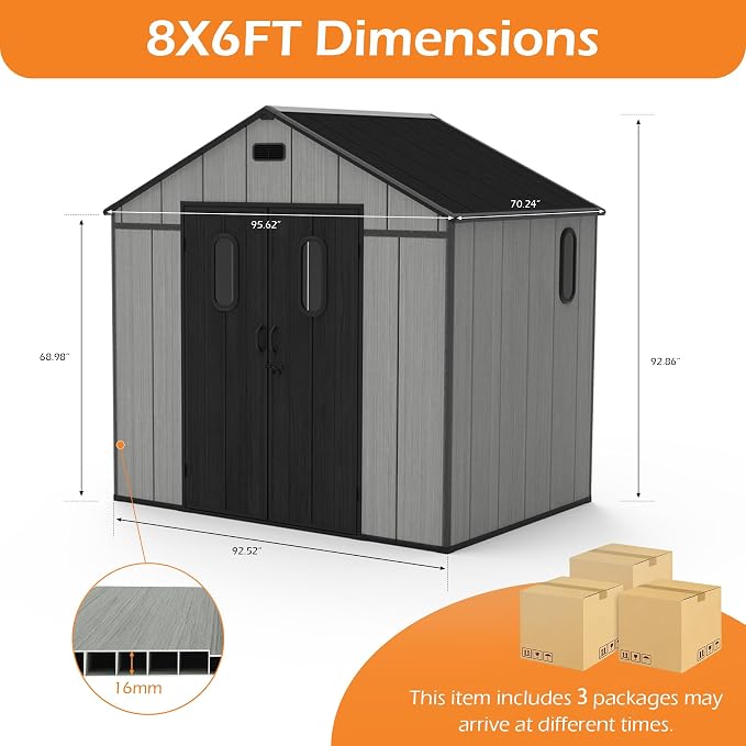 Domi 8x6Ft Resin Outdoor Storage Shed with Floor, Plastic Garden Storage Shed, Outside Weatherproof Storage Building for Tools, Bike, Lawn Mower, Patio, Backyard - Image 2
