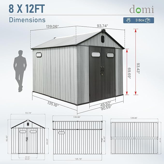 Domi 8X12FT Resin Outdoor Storage Shed, Plastic Garden Shed with Carpet, All Weather Outside Storage Building for Lawn Mower, Tools, Bike, Backyard - Image 2