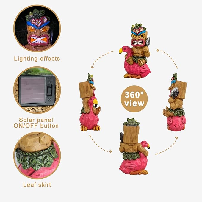 Tiki Outdoor Statue with Flamingos Decor - Solar Powered Garden Figurine Tiki Art for Tiki Bar,Backyard,Garden,Yard,Flowerbed,Walkway,Patio,Lawn,Porch Decorations,Gifts