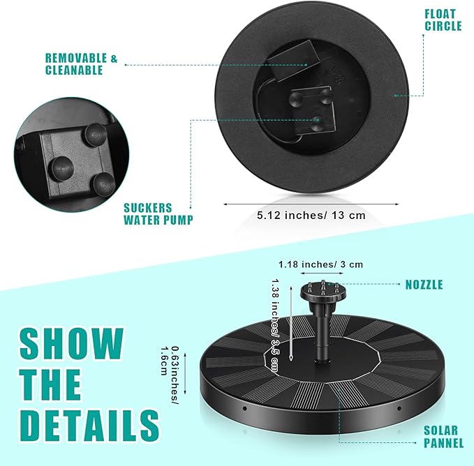 2 Packs Solar Bird Bath Fountain Pump with 6 Nozzle Solar Powered Bird Bath Floating Panel Water for Garden Fish Tank Pool(5.1 Inch)