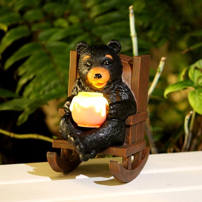 Solar Garden Statues Black Bear Decor Resin Bear Statues Outdoor with Solar Light Animal Figurine for Outside Yard Lawn and Patio Decorations Gardening Gifts for Women 3.5 * 5.5 * 6.25 Inch