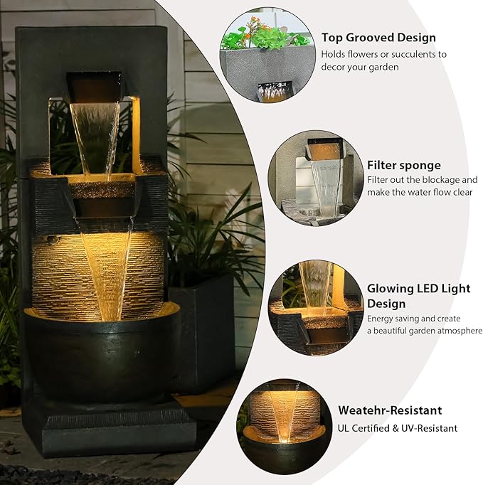 39" H Modern Indoor Fountain with LED Lights and Pump, 3-Tier Standing Cascading Waterfall - Modern Design for Garden/Patio/Yard, Multi-Level Outdoor Decor 15“x14”x39“(Brown)