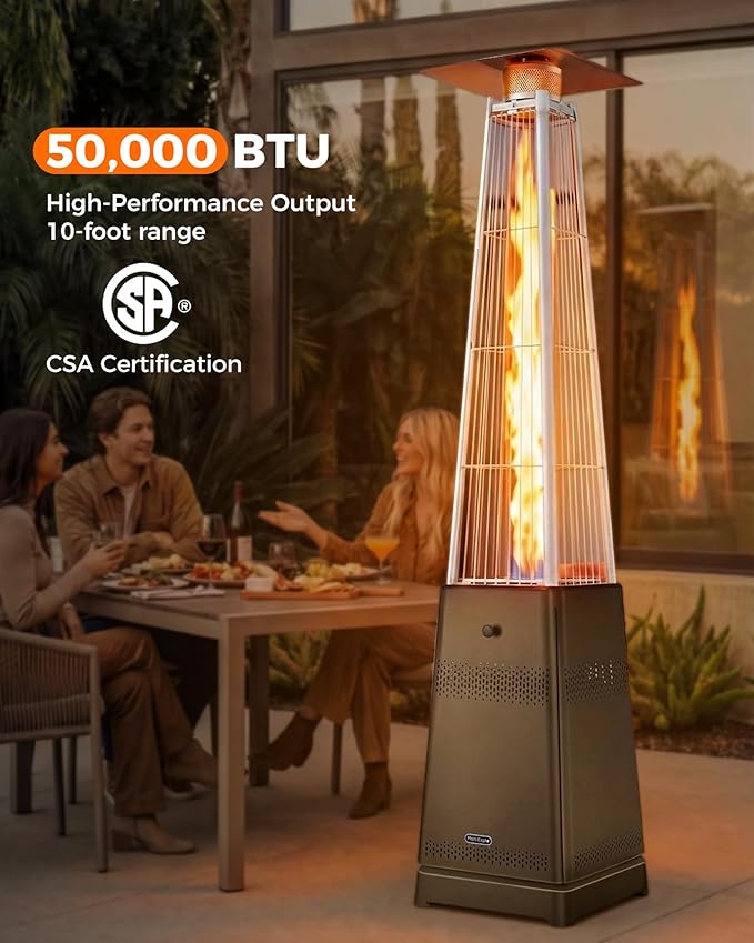 Pyramid Patio Heater, 50,000 BTU Outdoor Patio Heater, Propane Heater With Quartz Glass Tube & Wheels for Outdoor Use, Backyard, Commercial & Residential, Triple Protection System, Brown