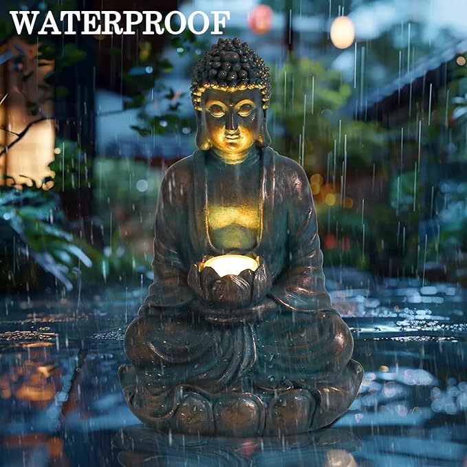 Bshine Solar Buddha Statue Outdoor Lights - 11x6 Inch Waterproof Garden Statue with Lotus, Meditation Zen Spiritual Room Decor for Yard, Patio, Buddha Figurine for Home Garden Decor Indoor