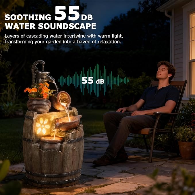 29" H Outdoor Water Fountain Pump and Barrel,4 Tiered Rustic Wood Barrel Cascading Waterfall Fountains Outside Feature with LED Lights for Garden, Patio, Porch, Backyard Decor
