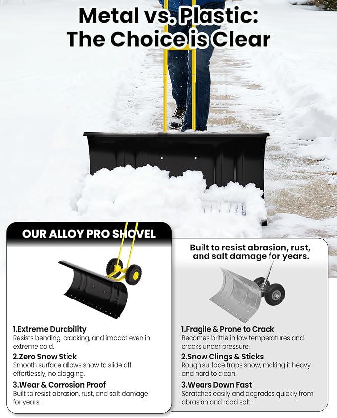 GarveeLife 29.5" Wide Heavy Duty Snow Pusher with Wheels for Driveway, Steel Blade, 7-Position Adjustable Angle, 60° Tilt Handle, Ergonomic Push Snow Shovel with Ground Protection - Image 7