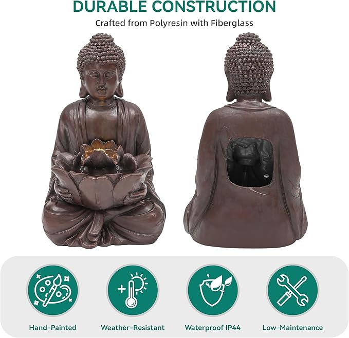 18.9" H Buddha Outdoor Water Fountain, Zen Style Garden Fountain with LED Lights and Pump, Relaxing Waterfall for Patio, Porch, or Yard Decor, Faux Bronze