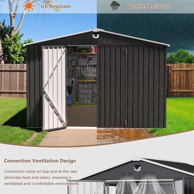10x12 FT Outdoor Storage Shed, Metal Garden Shed - Tool Storage Sheds with Lockable Doors & 1 Clear Window, Waterproof Outside Storage Building for Backyard, Patio (Black; Floor Not Included) - Image 6