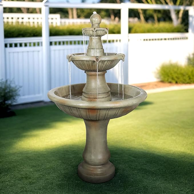 SunJet 51.5” High 3-Tiers Modern Concrete Outdoor Water Fountain - Round Large Outdoor Fountains and Waterfalls for Garden, Patio, Yard, and Deck Decor, Featuring Natural Stone Look