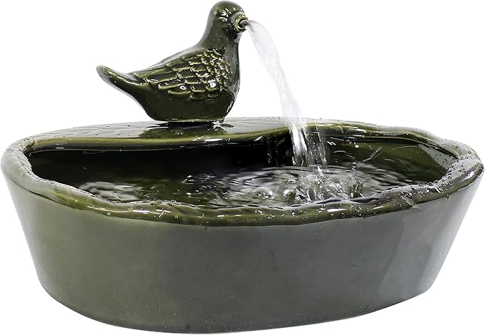 Sunnydaze Ceramic Solar-Powered Water Fountain - Green Glaze - Low-Voltage Submersible Pump with Filter - Dove